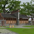 Traditional Building With Tile Roof Wooden Windows And Surrounding Trees On Green Lawn