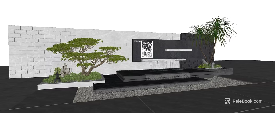 Modern Landscape Feature Wall With Decorative Artwork Pine Tree And Stepped Water Feature 3d model