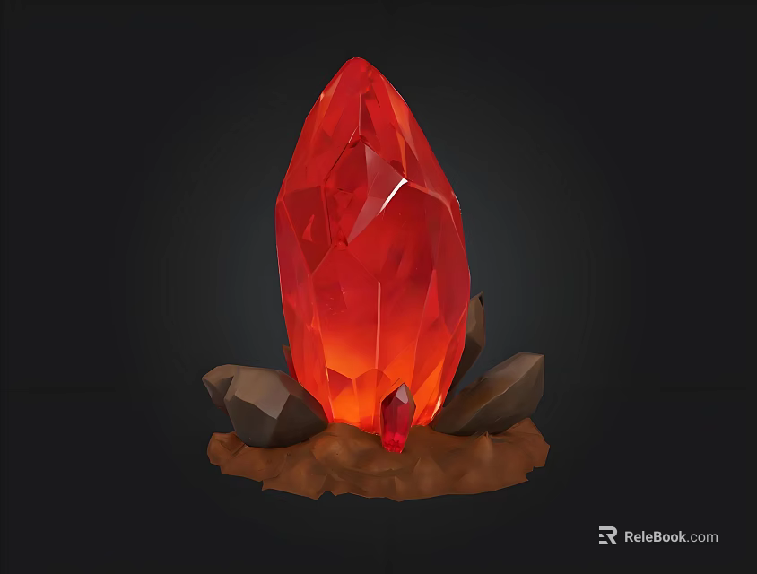 Bright Red Glowing Crystal With Brown Base Surrounded by Stones 3d model