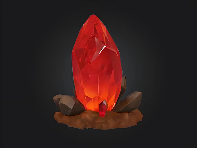 Bright Red Glowing Crystal With Brown Base Surrounded by Stones 3d model