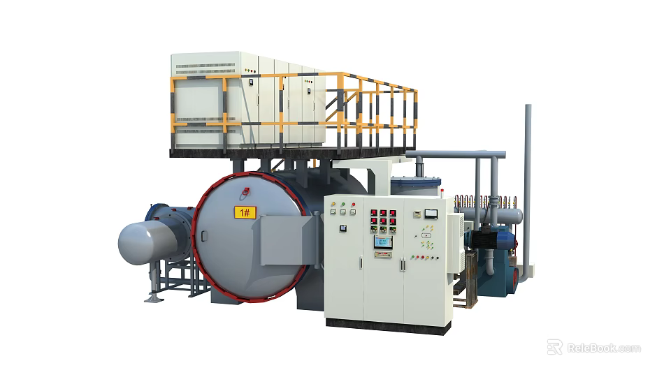 Industrial Equipment Large Circular Pressure Vessel With Control Cabinet Platform And Piping System 3d model 
