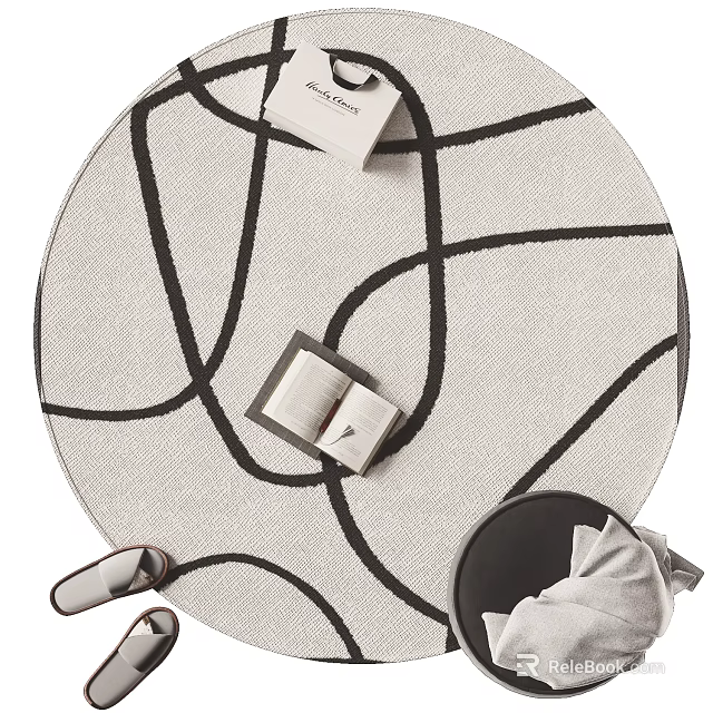 Modern Light Beige Round Rug With Abstract Black Lines Decorative Books Cozy Cushion 3d model 