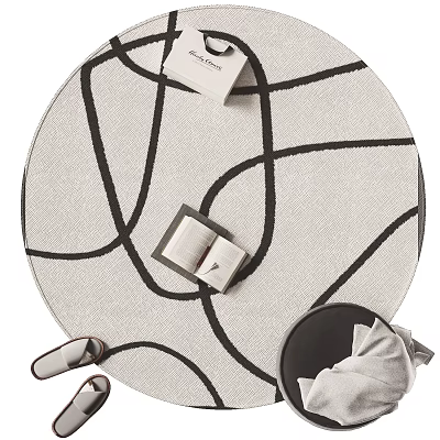 Modern Light Beige Round Rug With Abstract Black Lines Decorative Books Cozy Cushion 3d model