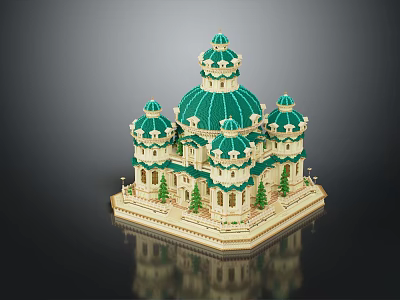 Classical Style Building Model With Green Domes Intricate Structure And Small Trees 3d model