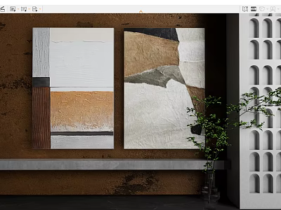 Modern Abstract Wall Art with Brown White Gray Tones on Textured Wall and Green Plant 3d model