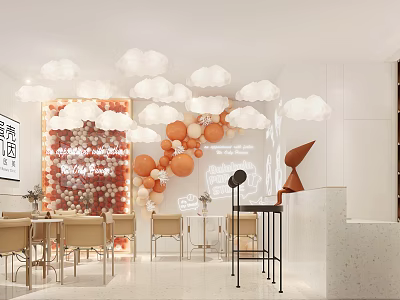 Cozy Lounge Area with White Cloud Lights Orange Balloons Red Brick Wall Tables Chairs Bar 3d model