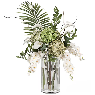 Elegant Transparent Vase Flower Arrangement With White Orchids Green Hydrangeas And Palm Leaves 3d model