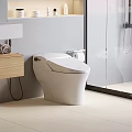 Modern Bathroom Interior With White Toilet Wooden Vanity And Rolled Towel Near Shower