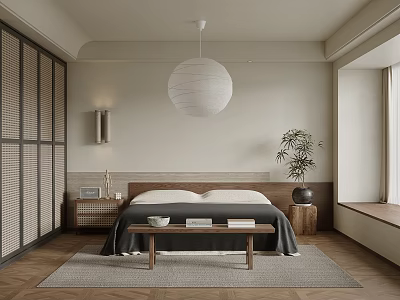 Minimalist Modern Bedroom Interior With Platform Bed Round Pendant Light Wooden Floor And Decorative Plant 3d model