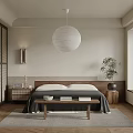 Minimalist Modern Bedroom Interior With Platform Bed Round Pendant Light Wooden Floor And Decorative Plant