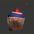 Delicious Cupcake With Blue Pink Frosting Red Cherry Colorful Sprinkles And Brown Paper Liner