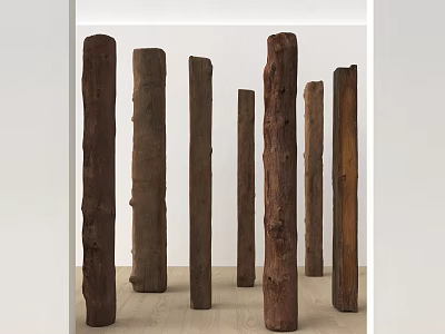 Dark Arbor Tree Trunks in Indoor Gallery with Light Wooden Floor and Varying Heights 3d model