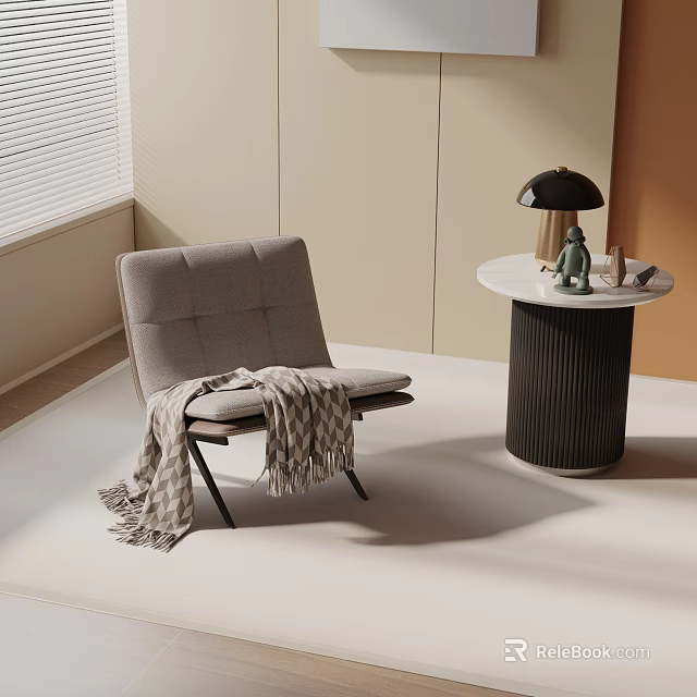Modern Leisure Chair with Knitted Blanket Beside Side Table Black Lamp Decorative Items 3d model 