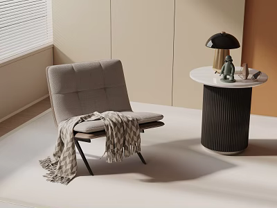 Modern Leisure Chair with Knitted Blanket Beside Side Table Black Lamp Decorative Items 3d model