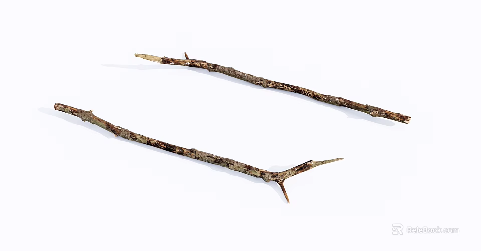 Natural Stone Wood Branches Featuring Rough Texture and Brown Tones on White Background 3d model 
