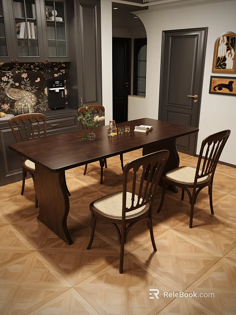 Dark Wooden Dining Table Set with Four Wooden Frame Chairs and Light Cushions 3d model 