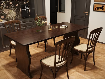 Dark Wooden Dining Table Set with Four Wooden Frame Chairs and Light Cushions 3d model