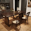 Dark Wooden Dining Table Set with Four Wooden Frame Chairs and Light Cushions