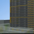Modern High Rise Building with Yellow Gray Facade and Hinged Doors on Balconies