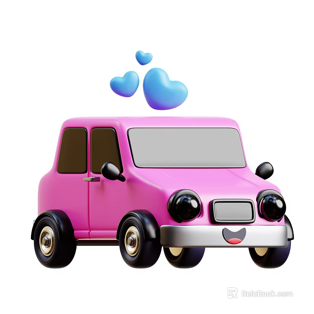 Cute Cartoon Style Pink Car With Blue Hearts Above And Smiling Face Design 3d model 