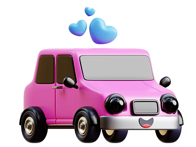 Cute Cartoon Style Pink Car With Blue Hearts Above And Smiling Face Design 3d model