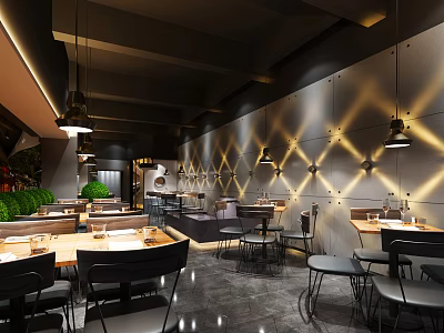 Modern Restaurant Interior Design With Geometric Wall Decor Hanging Lights And Dining Tables 3d model