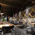 Modern Restaurant Interior Design With Geometric Wall Decor Hanging Lights And Dining Tables 3d model