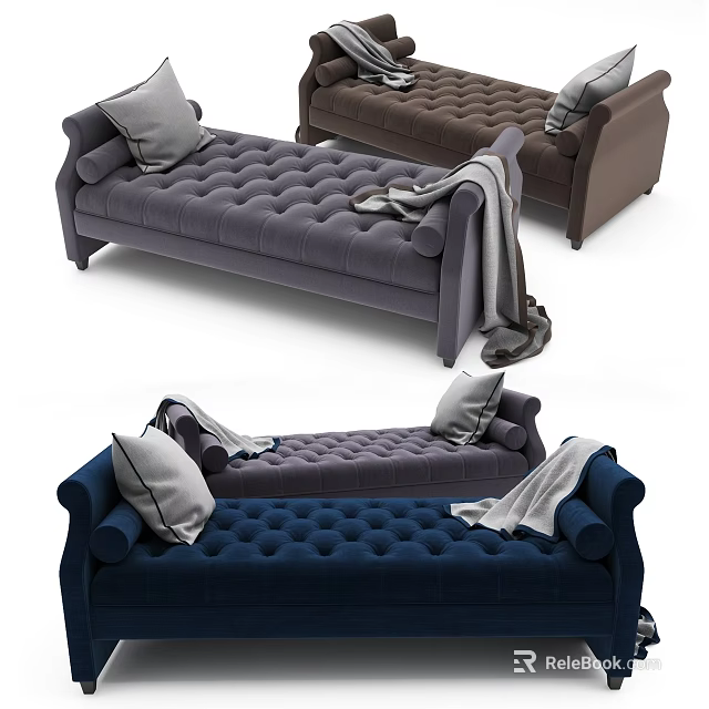 Modern Velvet Chaise Lounge With Decorative Pillows And Throw Blanket In Gray Brown Blue Colors 3d model 
