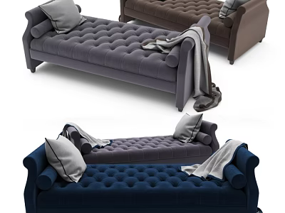 Modern Velvet Chaise Lounge With Decorative Pillows And Throw Blanket In Gray Brown Blue Colors 3d model