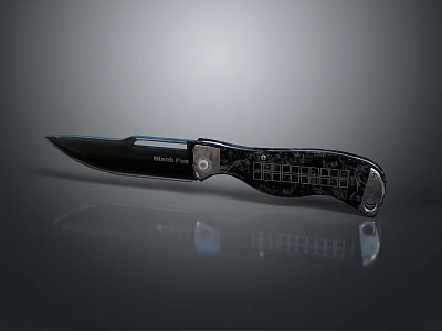 Black Folding Knife Weapon with Shiny Metal Blade and Patterned Handle Design 3d model