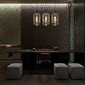 Elegant Private Dining Room With Round Table Green Chairs Pendant Lights And Wall Art