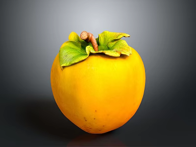 Ripe Yellow Persimmon With Green Leaves And Brown Stem On Dark Background 3d model