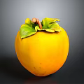 Ripe Yellow Persimmon With Green Leaves And Brown Stem On Dark Background