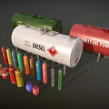 White Diesel Tank Truck With Colorful Gas Cylinders And Storage Containers