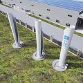 Modern Industrial Factory Exterior With Tall White Pillars Blue Logo And Green Grassland
