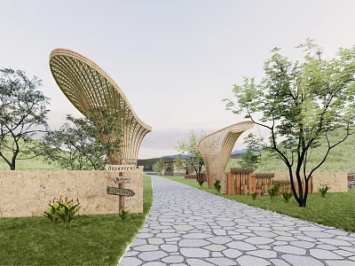 Modern Curved Entrance Gate Design With Trees Grass And Stone Path 3d model