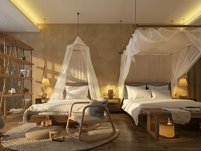 Cozy Hotel Guest Room Interior With Two Canopy Beds Wooden Furniture And Warm Lighting 3d model