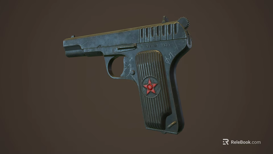 Black Pistol With Red Star Emblem On Grip And Metallic Body Finish 3d model 