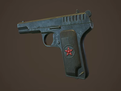 Black Pistol With Red Star Emblem On Grip And Metallic Body Finish 3d model