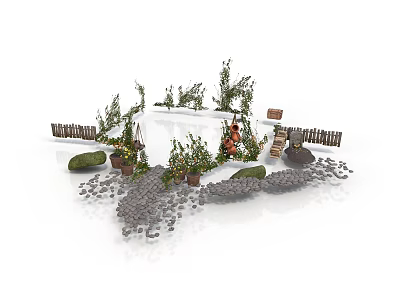 Outdoor Garden Scene With White Canopy Green Plants Stone Path Benches And Wooden Fence 3d model