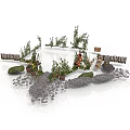 Outdoor Garden Scene With White Canopy Green Plants Stone Path Benches And Wooden Fence