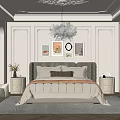 Elegant Bedroom Interior With Decorative Ceiling Chandelier Green Headboard Pillows Nightstands And Rug