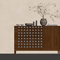 Natural Wooden Console Cabinet With Grid Design Closed Door And Vase Twigs Bowls On Top
