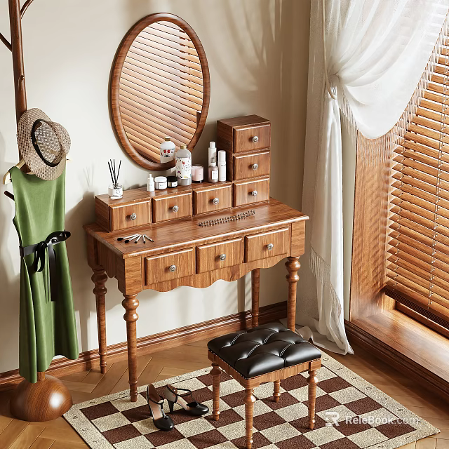 Wooden Dressing Table with Round Mirror Drawers and Black Stool near Window with Green Clothes 3d model 