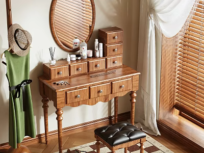 Wooden Dressing Table with Round Mirror Drawers and Black Stool near Window with Green Clothes 3d model