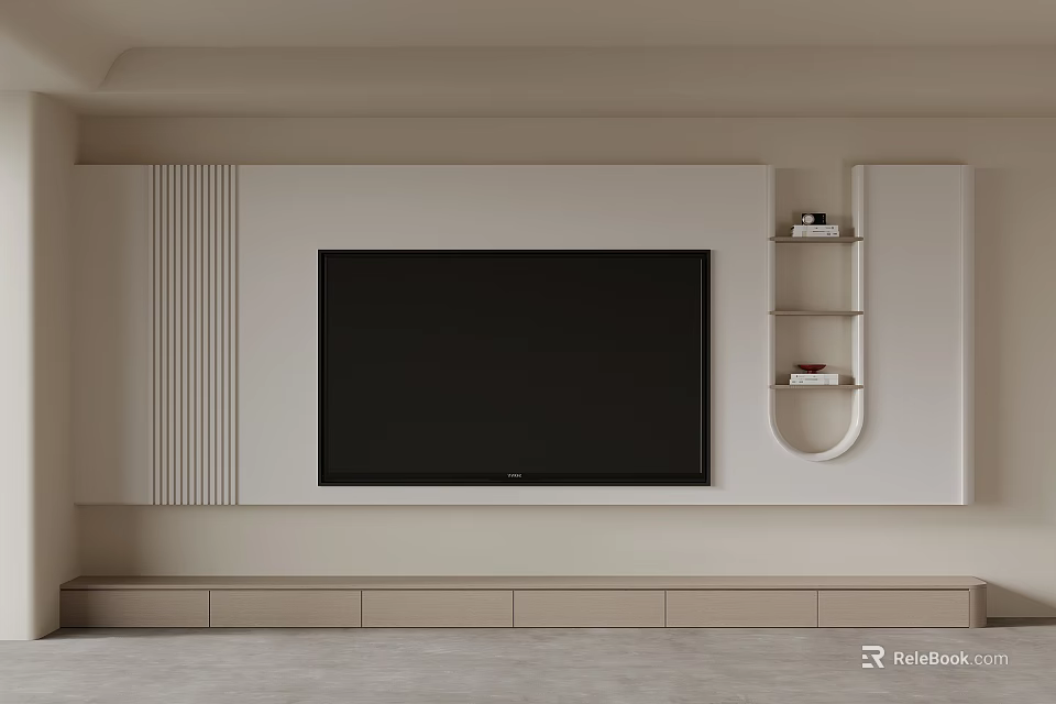 Modern White TV Wall Design With Vertical Stripes Large TV Open Shelves And Bottom Drawers 3d model 