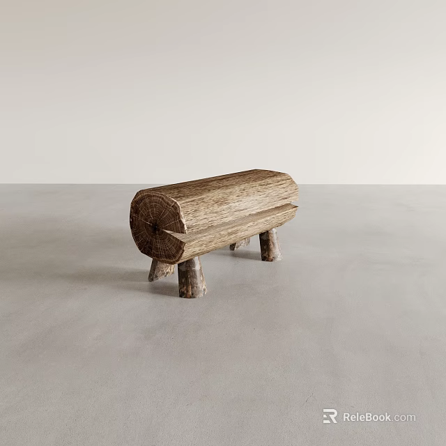 Natural Rustic Wooden Stool with Log Body and Small Wooden Legs in Simple Minimalist Setting 3d model 