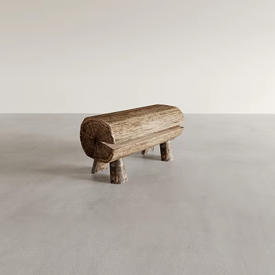 Natural Rustic Wooden Stool with Log Body and Small Wooden Legs in Simple Minimalist Setting 3d model