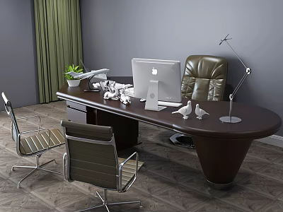 Modern Office Desk with Mac Computer Desk Lamp Potted Plant Leather Chair and Green Curtains 3d model