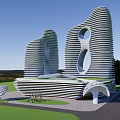 Modern Unique Commercial Complex With Wavy Facade Green Spaces And Circular Design Elements 3d model